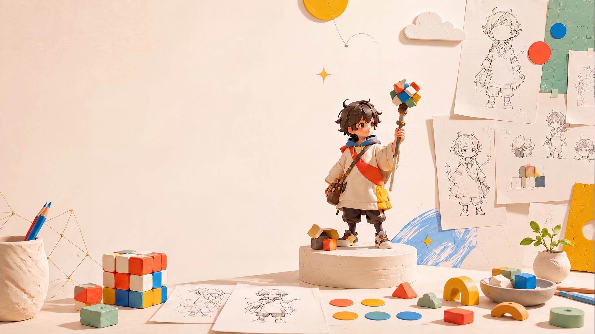 A CrafThinkERA workbench where a character drawing becomes a colourful physical figure